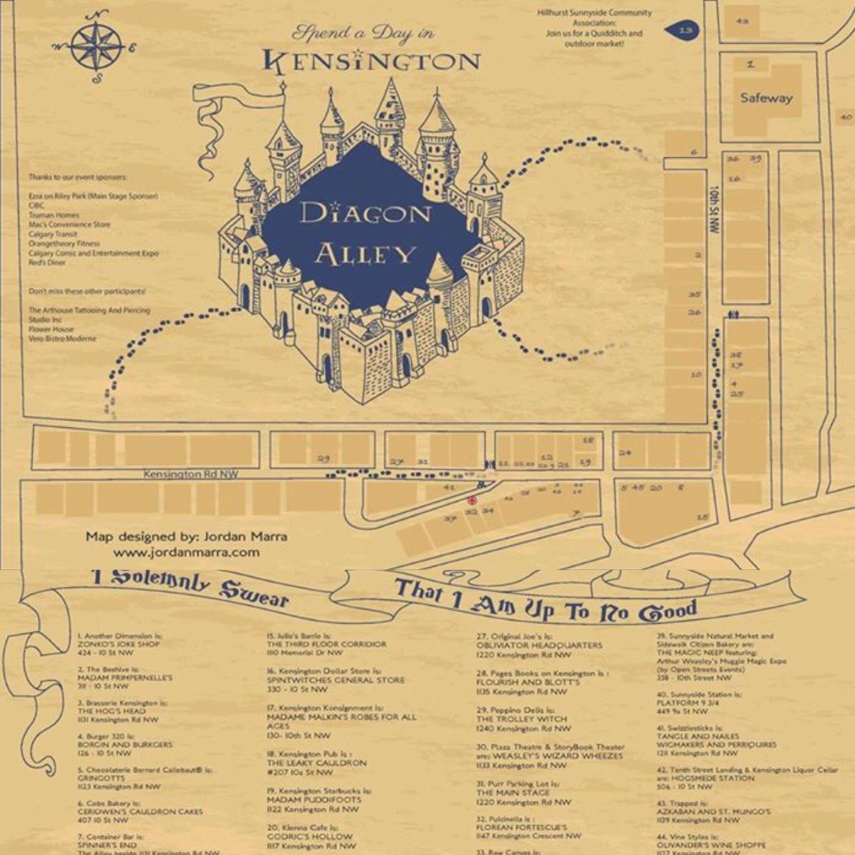 kensingtonYYC's tweet photo. Here is the official 2017 Marauder's Map for Diagon Alley in Kensington! Everyone must solemnly swear that they are up to no good! #yyc https://t.co/05OJTHtR9U