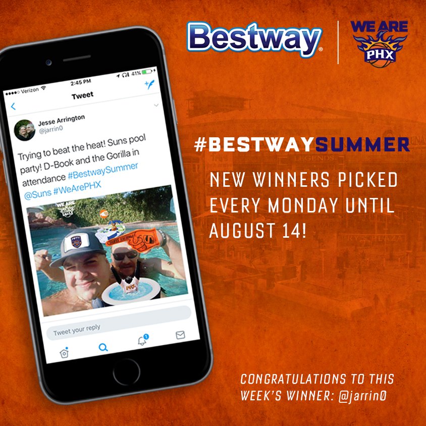 Suns's tweet photo. Congrats to this week’s #BestwaySummer winner @jarrin0 Enter for a chance to win next Monday! Tag friends for extra entries! @BestwayGlobal https://t.co/Y9bkmIIWAw