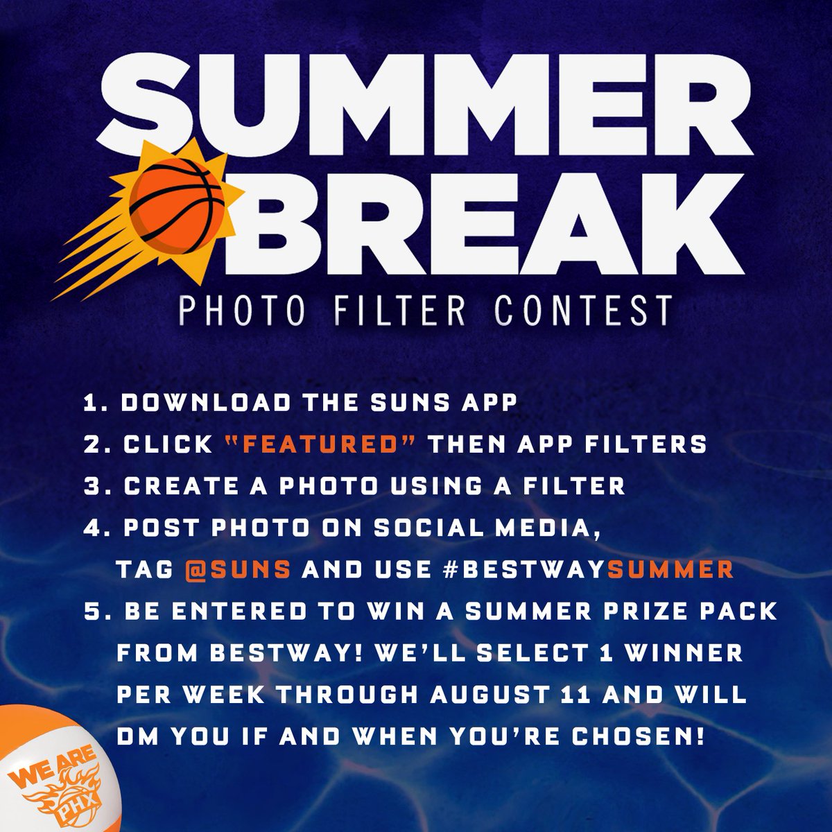 Suns's tweet photo. Congrats to this week’s #BestwaySummer winner @jarrin0 Enter for a chance to win next Monday! Tag friends for extra entries! @BestwayGlobal https://t.co/Y9bkmIIWAw