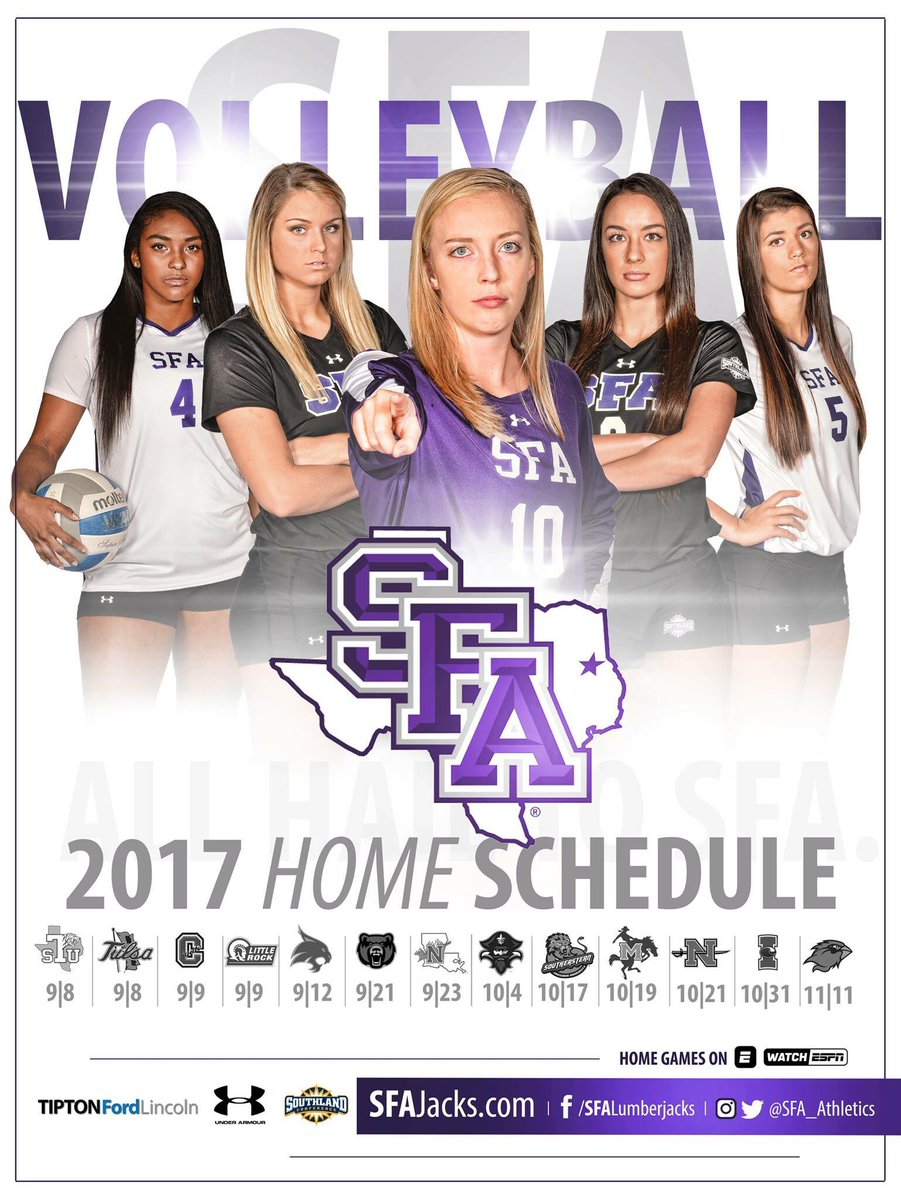 SFA_Volleyball's tweet photo. Ready to grab your official 2017 #SFAVB poster?! Here is your first look. See you next month! π #AxeEm https://t.co/S8plwxa20t