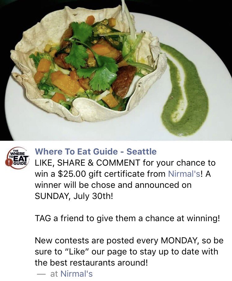 We have a new #giveaway on our Facebook page - m.facebook.com/eatguideseattl… - enter for a chance to win $25 to <a href="/NirmalsSeattle/">Nirmal's Restaurant</a> ! 🍽 #theEatGuide