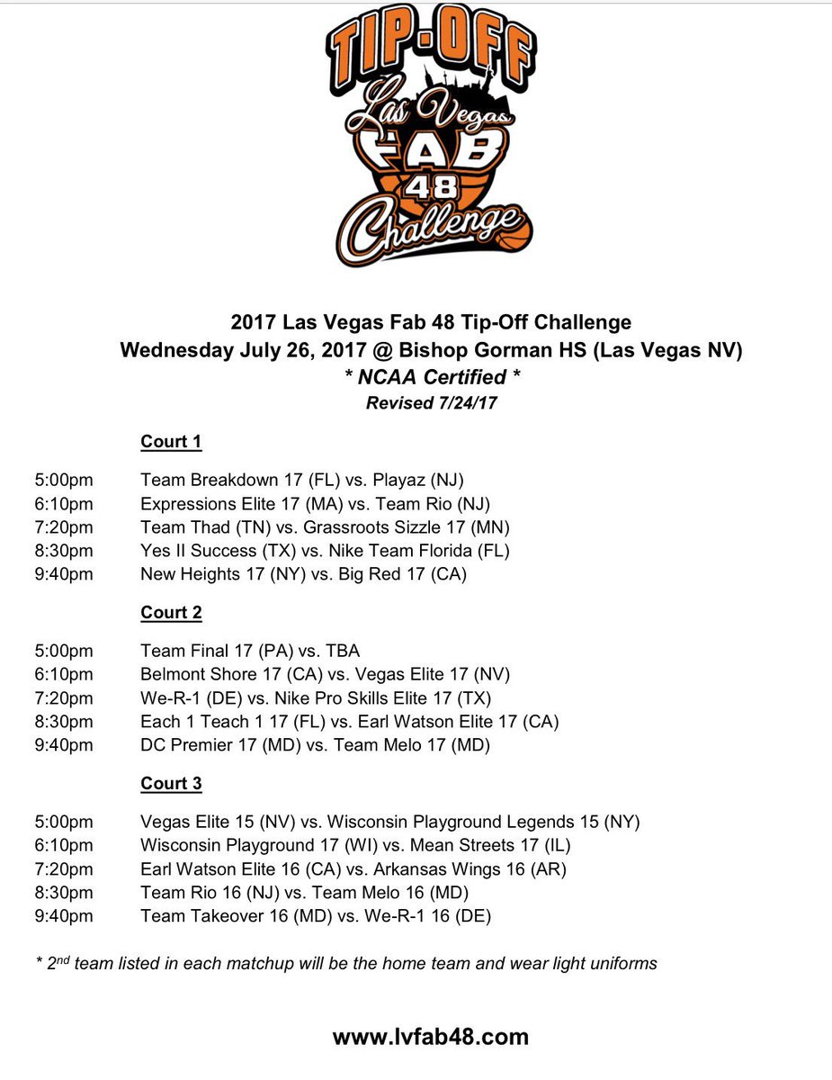VegasEliteHoops's tweet photo. .@LasVegasFab48
#TipOffChallenge
7/26 @ Bishop Gorman
5:00pm
VEBC 2020 vs Wisconsin Playground Warriors
6:10pm
VEBC 2018 vs Belmont Shore https://t.co/h9bcoEnHnP