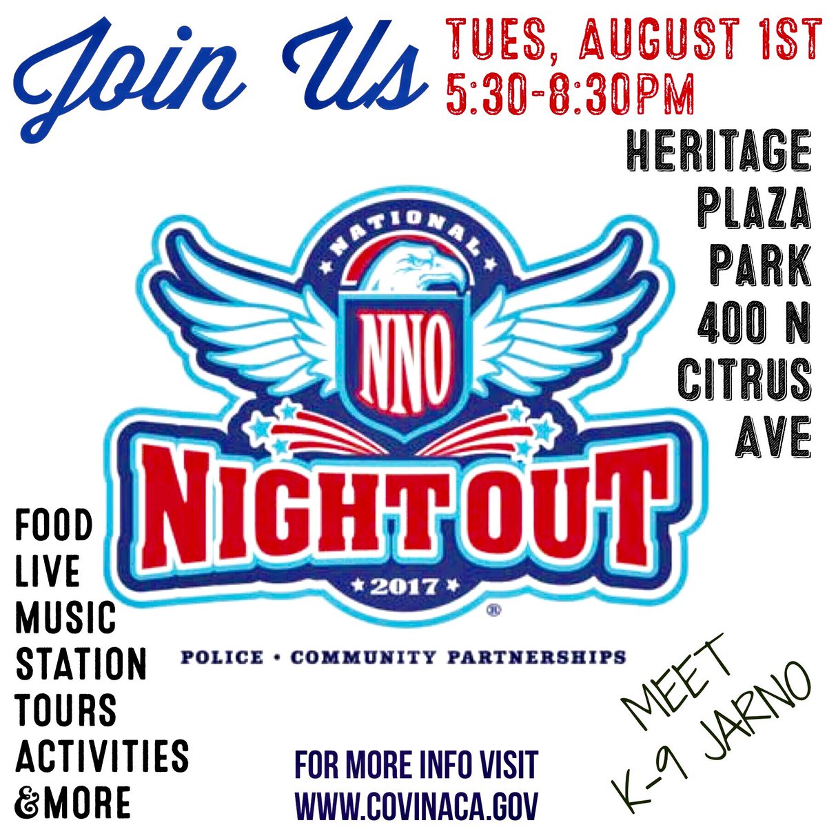 covinapd's tweet photo. We are 1 week away from #NationalNightOut2017 Grab some friends and come check out live music, K9 demo, station tours and so much more! https://t.co/5nrRQVUqGu