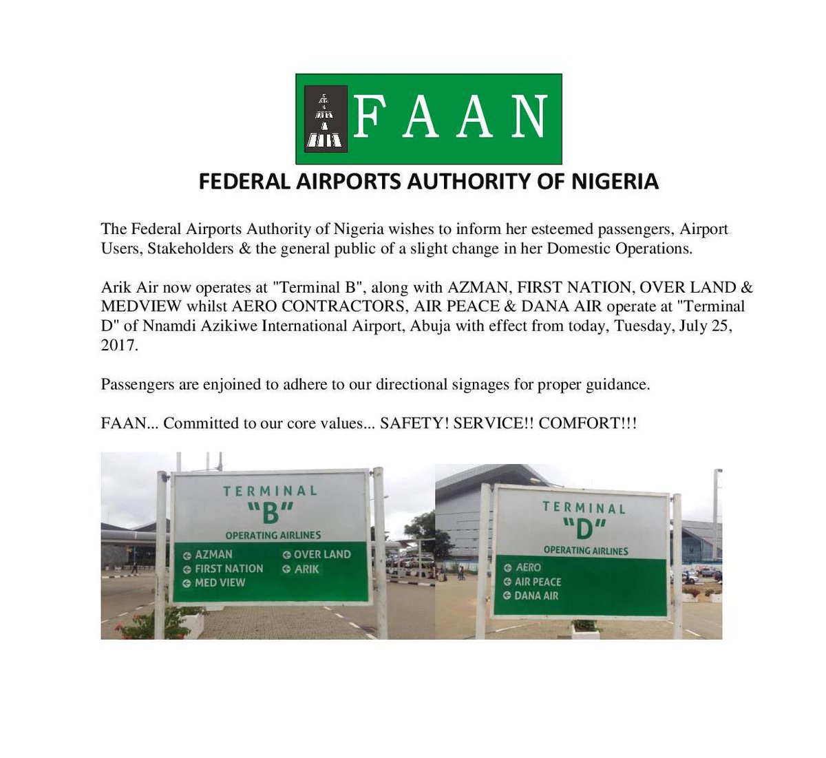 FAAN_Official's tweet photo. PUBLIC NOTICE
#Abuja Airport
@AirAzman, @medview_info, @OverlandAirways, @ArikAirlineNg, @flyairpeace, @DanaAir #Aerocontractors #FirstNati https://t.co/rXoE24SWTb