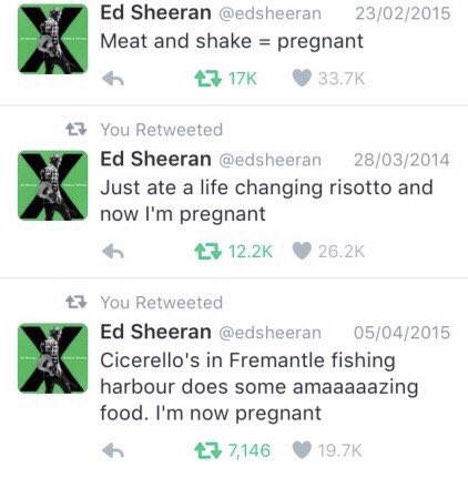 SaveEdsTweets's tweet photo. The amount of times @edsheeran has become pregnant from food is astounding! 

#SaveEdsTweets via @eds_shirtsleeve https://t.co/xSAZPFlOmt