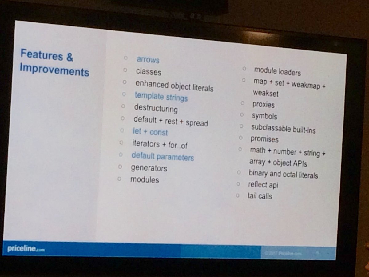 Topics for Part 1 of the ES6 workshop series! 
 ( <a href="/WomenWhoCodeNYC/">Women Who Code NYC</a> <a href="/priceline/">priceline</a> ) => {awesome}