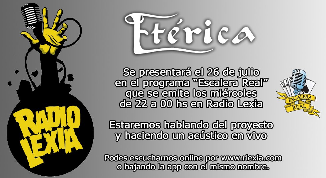 Este miércoles 26/7 estaremos en el programa "Escalera Real" que va de 22 a 00 hs por <a href="/RadioLexia/">RLNoticias</a>
Escuchanos en rlexia.com