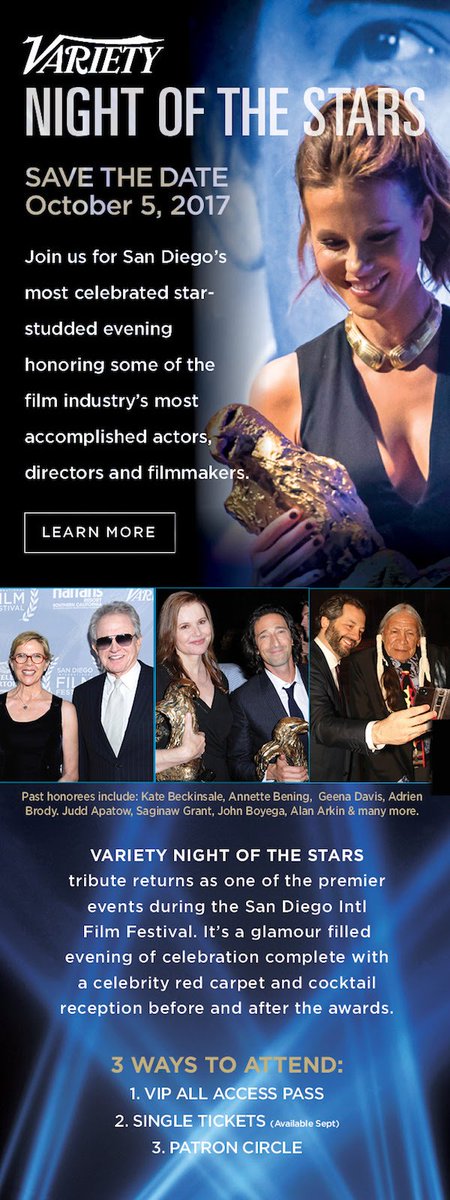 SDFilmFestival's tweet photo. SAVE THE DATE : @Variety Night of the Stars at the San Diego International Film Festival // October 5th!

https://t.co/Kc0rrZrKWB https://t.co/c6v9HvotFF