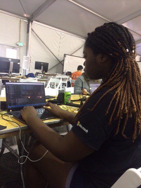 un_loop's tweet photo. Our amazing hacker, Jacqueline, hard at work for #MSFTHackathon #hackforgood #OneWeek2017 https://t.co/ZkWJ7EXjnB