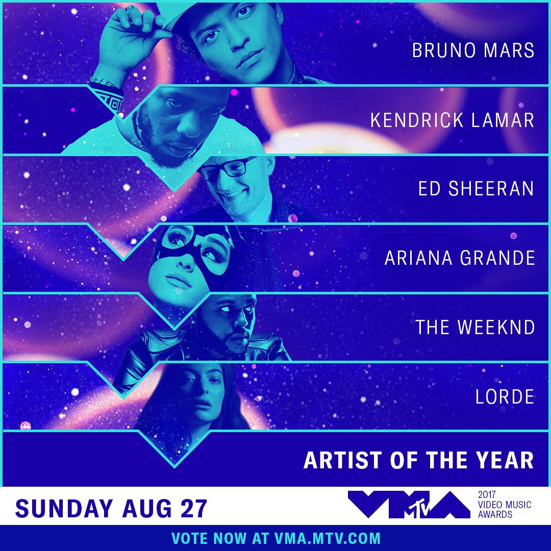 MTV's tweet photo. Who has your vote for Artist of the Year at the 2017 @VMAs? Time to choose: https://t.co/pygA8gRer4 #VMAs https://t.co/SQCMxz8x9k