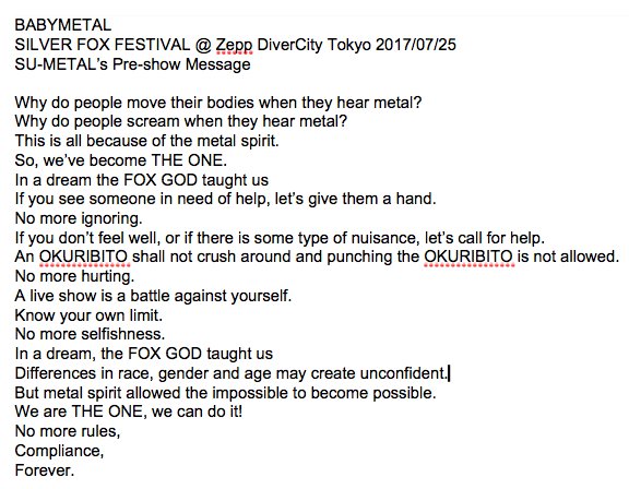 Yuimato4's tweet image. #BABYMETAL Silver Fox Festival was spectacular! With some teamwork we managed to complete the script of SU-METAL's pre-show message! 🤟🦊