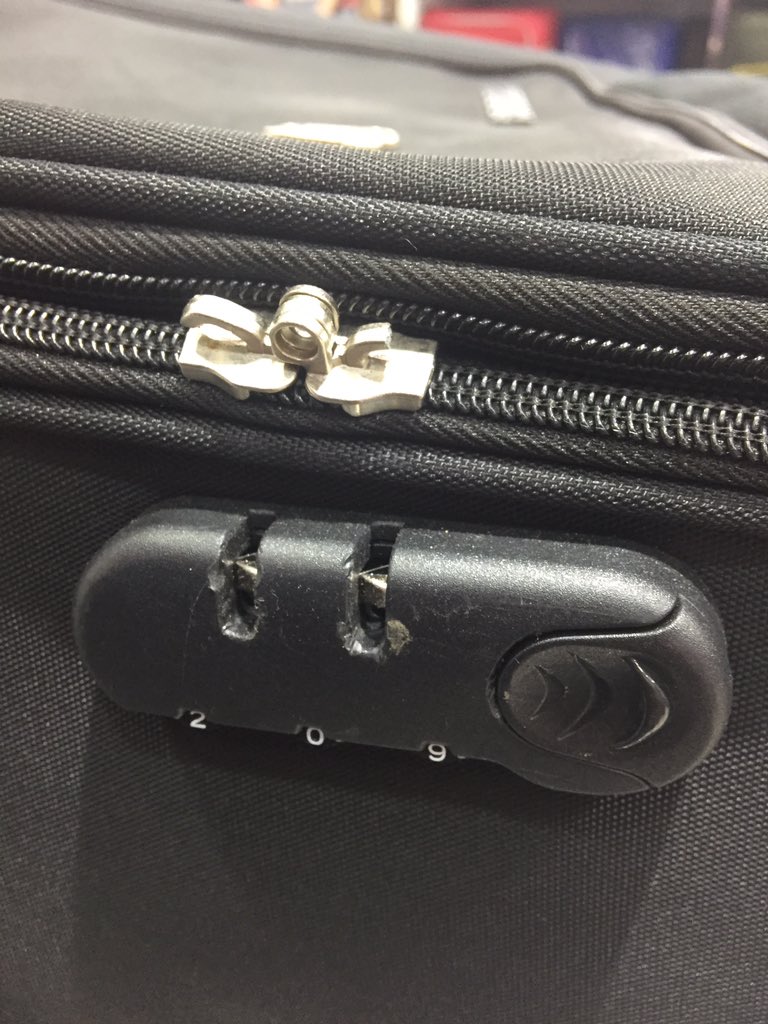 OutsiderPov's tweet photo. @AmTourister bought this product at Bhopal India. lock combination failed after 1st use. hotel guys cut the zip. now am paying for repair https://t.co/TUGMfouqID