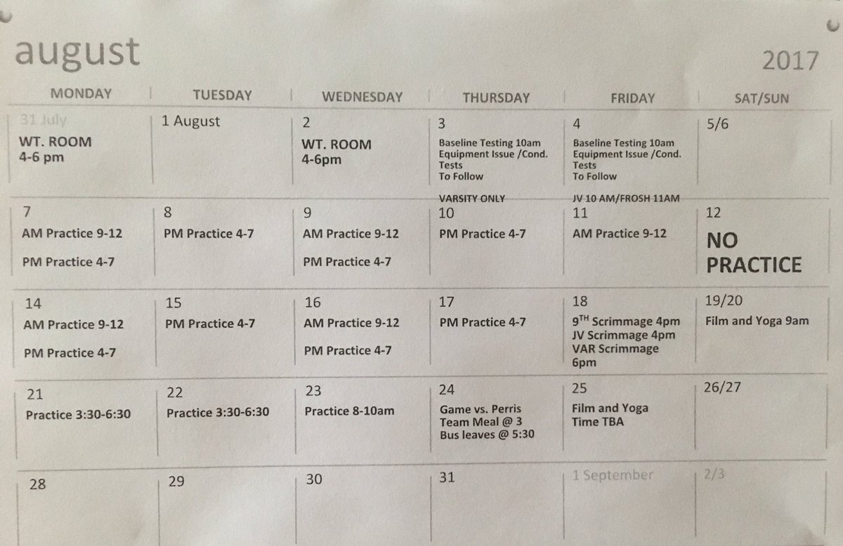 CoachLunsford's tweet photo. August practice schedule #gamemonth #itsthattime #workharder #bettereveryday https://t.co/xuRXfoDCuM