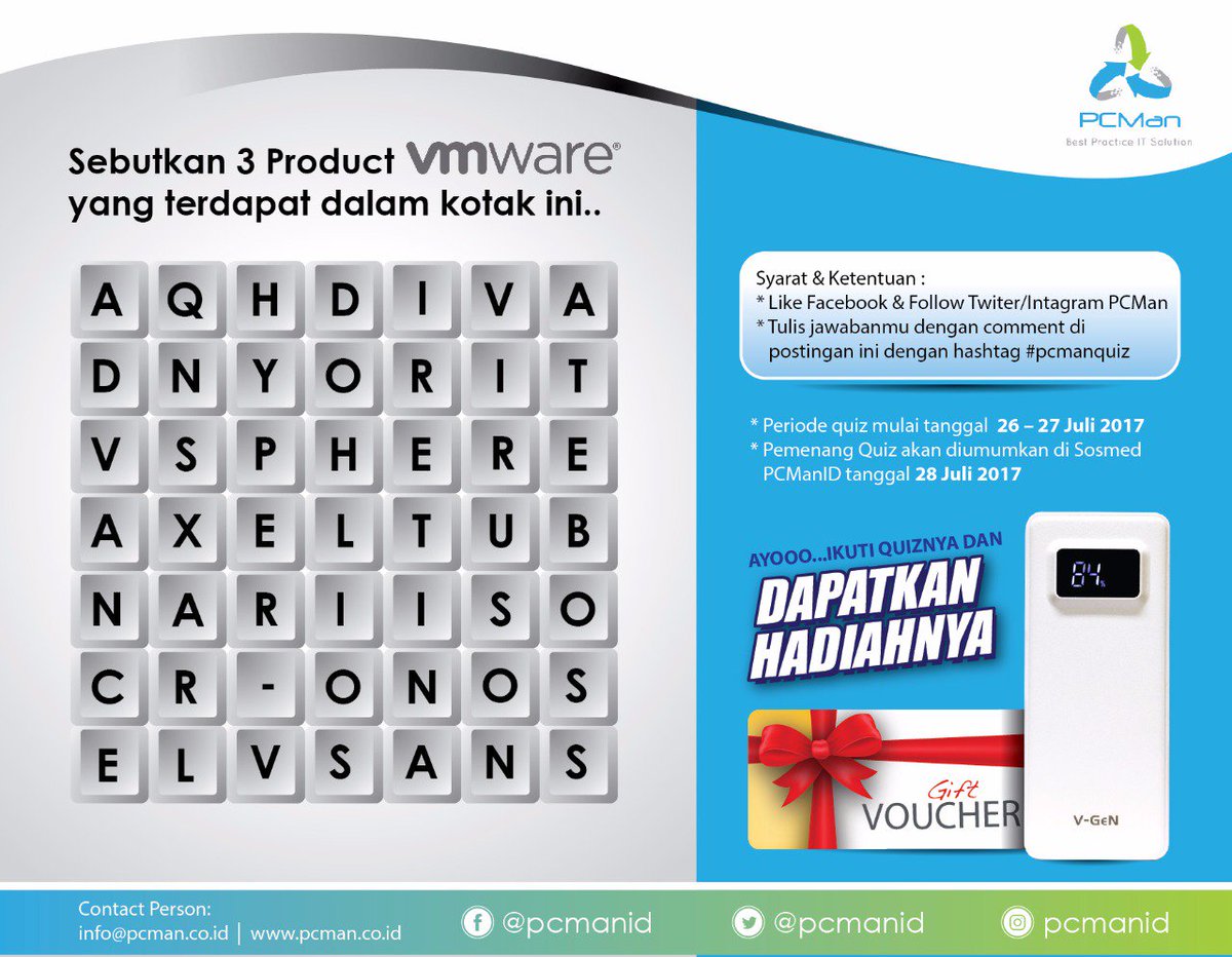 PCManID's tweet photo. Hi sobat #pcmanid, ikutan quiz yuk, kali ini kita bermain dgn mencari kata. Informasi #VMWare https://t.co/IbvTwZxHJ5 
#quiz #virtualisasi https://t.co/OnOTah0JXK