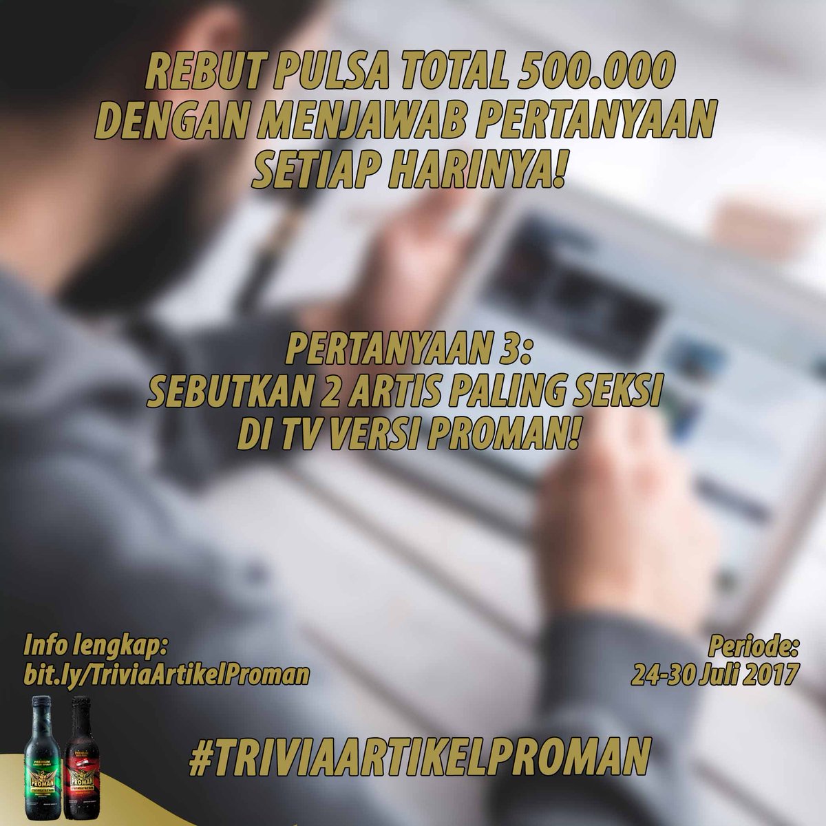 Proman5Jam's tweet photo. Happy Wednesday! Jawab pertanyaan #TriviaArtikelProman hari ini: sebutkan 2 artis paling seksi di TV!

Cara jawab: https://t.co/gPjhQeowjC https://t.co/l0lRDhqqdU