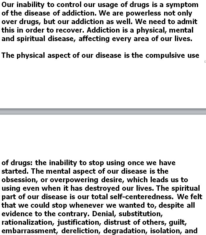 NAliterature's tweet photo. Step One-NA basic Text: We admitted we were powerless over our addiction........... It doesn't matter what or how much we used(see image) https://t.co/VGbtQ6u8LE