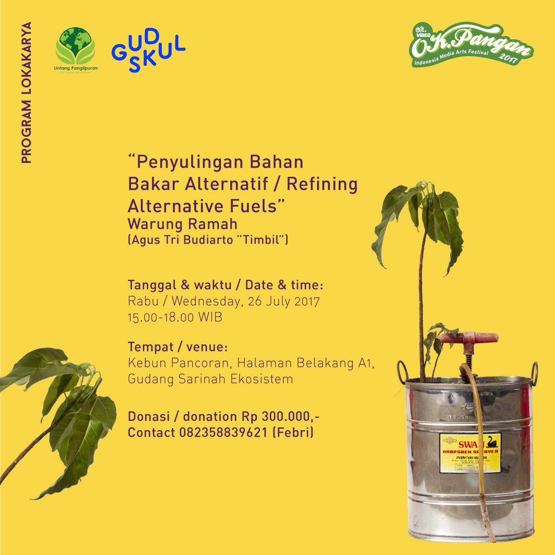 Hei hei jangan lupa sore ini Workshop Penyulingan Bahan Bakar Alternatif bersama Warung Ramah! Yang belum registrasi sila langsung datang!