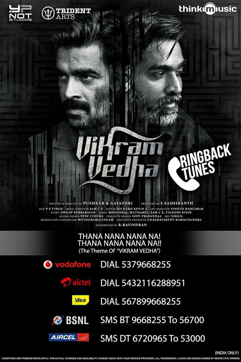thinkmusicindia's tweet photo. 📞 Replace your boring *TringTring* With the Epic #VikramVedha Theme - #RingbackTune,

Composed by @samcs_music https://t.co/CB5grqIojw