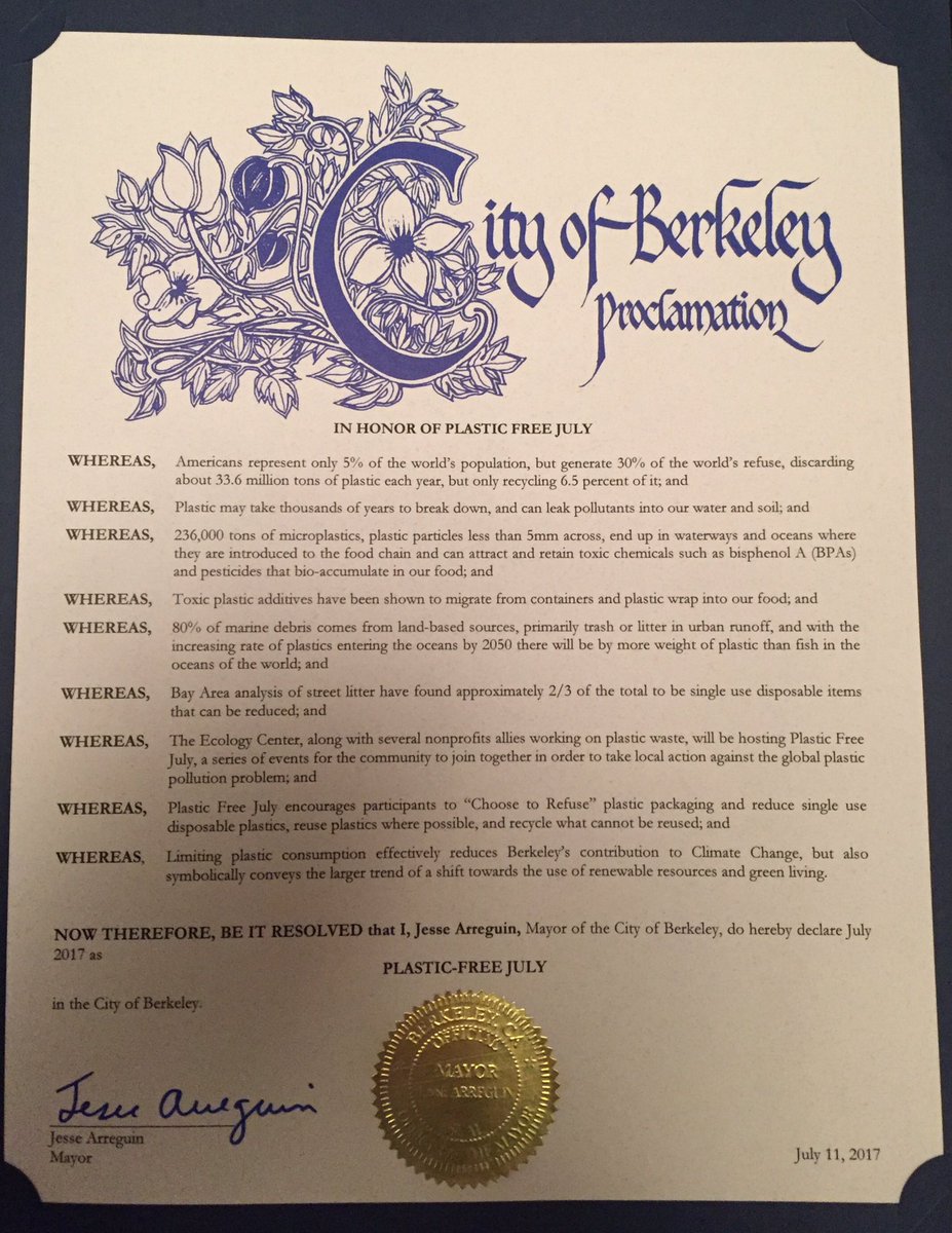MartinRBourque's tweet photo. TNX #Berkeley Mayor &amp; City Council 4 Proclaiming #PlasticFreeJuly 1st of many cities #BreakFreeFromPlastic https://t.co/hYIBJFb6to