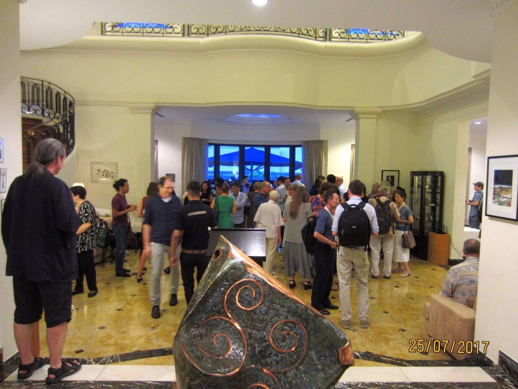 Irish_Graduates's tweet photo. At the #Irish Residence #Singapore @IASIL2017. #IGAS Founder member the late Br Joe McNally's Salmon of Knowledge sculpture in foreground. https://t.co/OybrKLsKOM