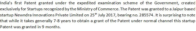 VivekBarve3's tweet photo. @CIPAM_India India's First expedited #patent granted in 9 months under @startupindia to @NewndraI Jaipur startup @DIPPGOI @aggarwal_rajiv 👌 https://t.co/A9xTLJtq7v