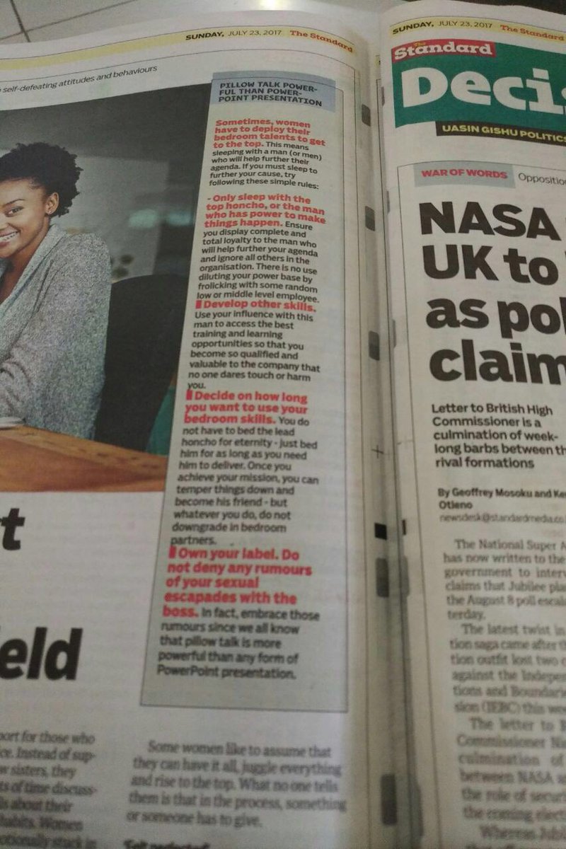 NuruMugambi's tweet photo. Totally appalled w/ @StandardKenya for this article;women succeed without spreading their legs. How dare U presume successful women do this. https://t.co/Y5kH1DuUri