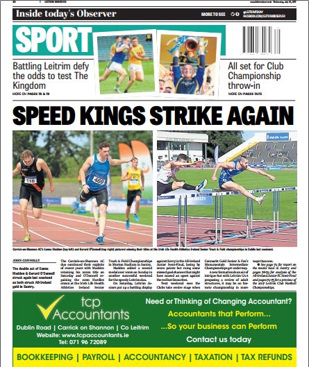 Back page this week: Speed Kings Strike Again #Athletics #CarrickonShannonAC <a href="/E_Madden94/">Eanna Madden</a> @gearoid0d