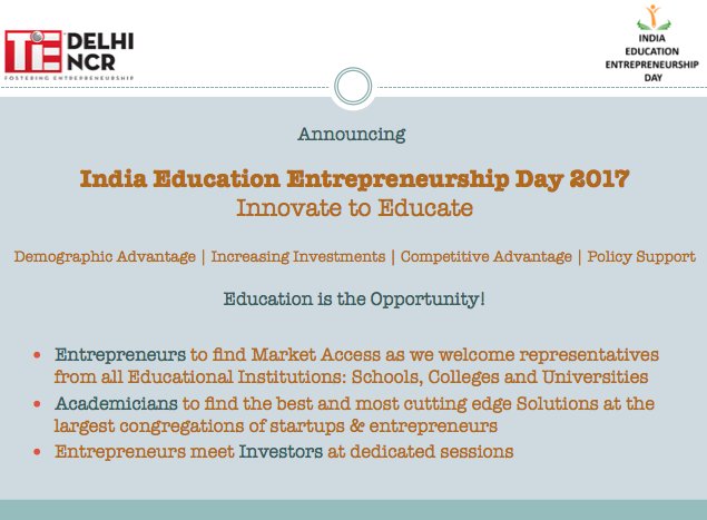 TiEDelhi's tweet photo. #DemographicAdvantage #IncreasingInvestments #PolicySupport - Education is the Opportunity in India - #IEED2017 https://t.co/N2hj7DSMhc https://t.co/thND4jC9Xt