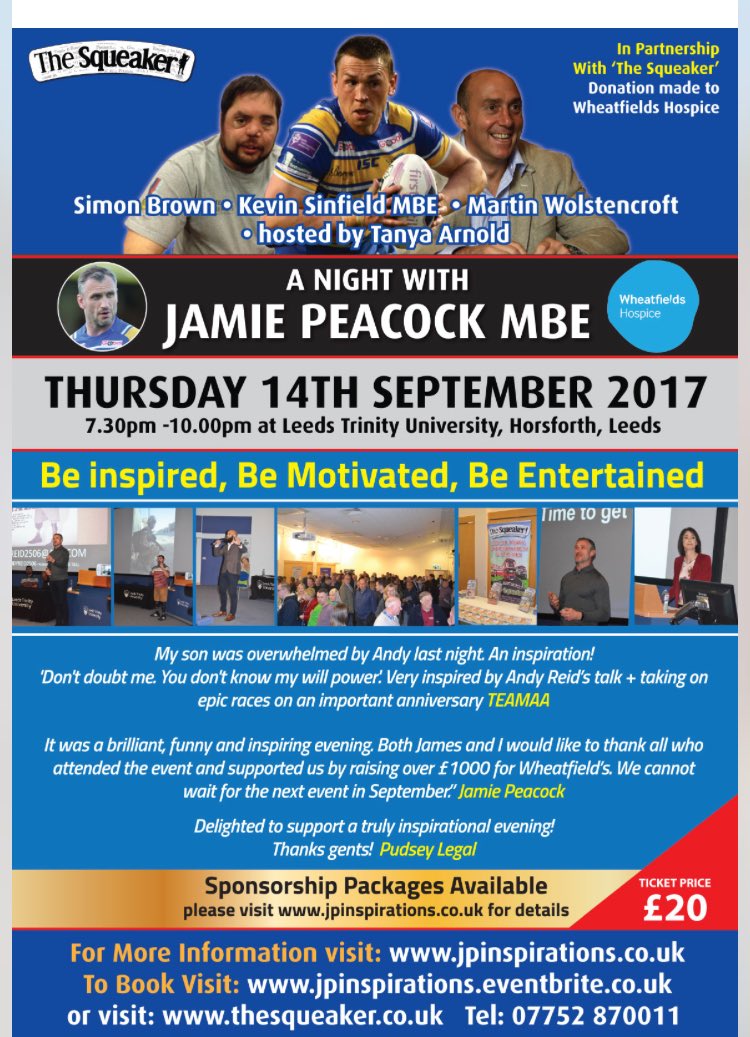 Kevin Sinfield's inspirational story n 2 more outstanding speakers. £20 a ticket book at eventbrite.co.uk/e/a-night-with… #RugbyLeague