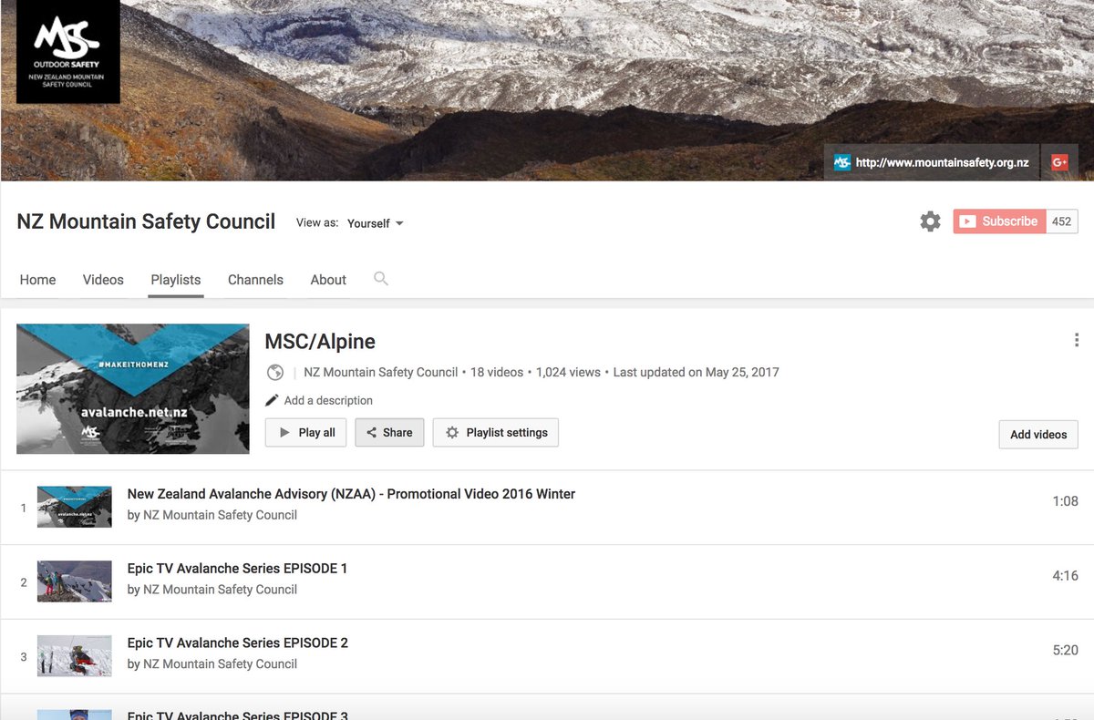 NZ_MSC's tweet photo. Did you know we have a YouTube playlist specifically for alpine & snow safety? - https://t.co/rf0YlHIKkh
#KnowBeforeYouSnow #Shac2017 https://t.co/x60wJfknsY