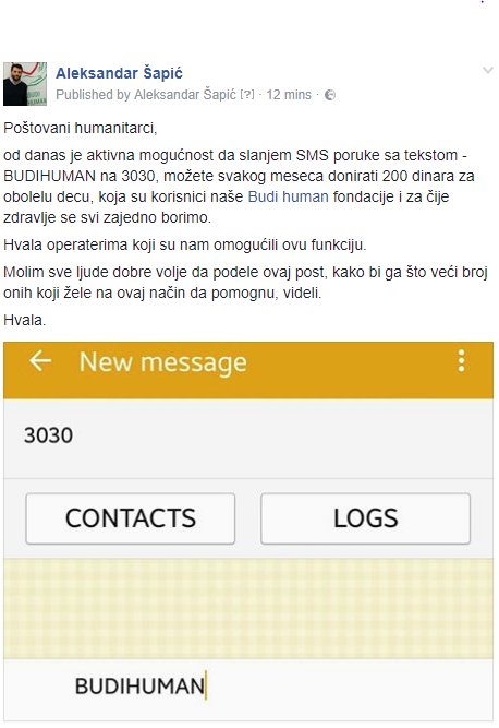 AcaSapic's tweet photo. Od danas aktivan mesečni humanitarni SMS @budihuman fondaciji.
Slanjem BUDIHUMAN na 3030, mesečno donirate 200 din.
Veliko HVALA.
Molim RT https://t.co/JGmBy90BE7