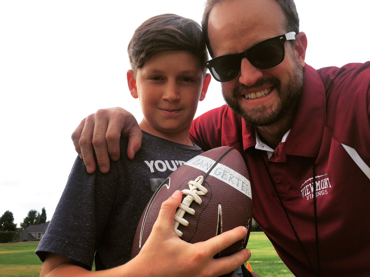 thewaynehoskins's tweet photo. First practice of the 2017 season is in the books, and this little man is ready to QB us through it all! #viewmont https://t.co/ufGiQtpyTS