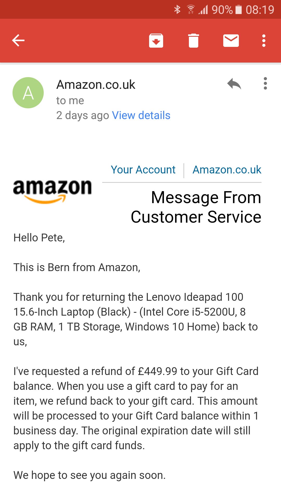 Amazon Help V Twitter Petejames81 Hi Pete Sorry To Hear Did You Receive A Refund Confirmation Email Is The Refund Going To The Original Card Or Gift Card Jj Twitter