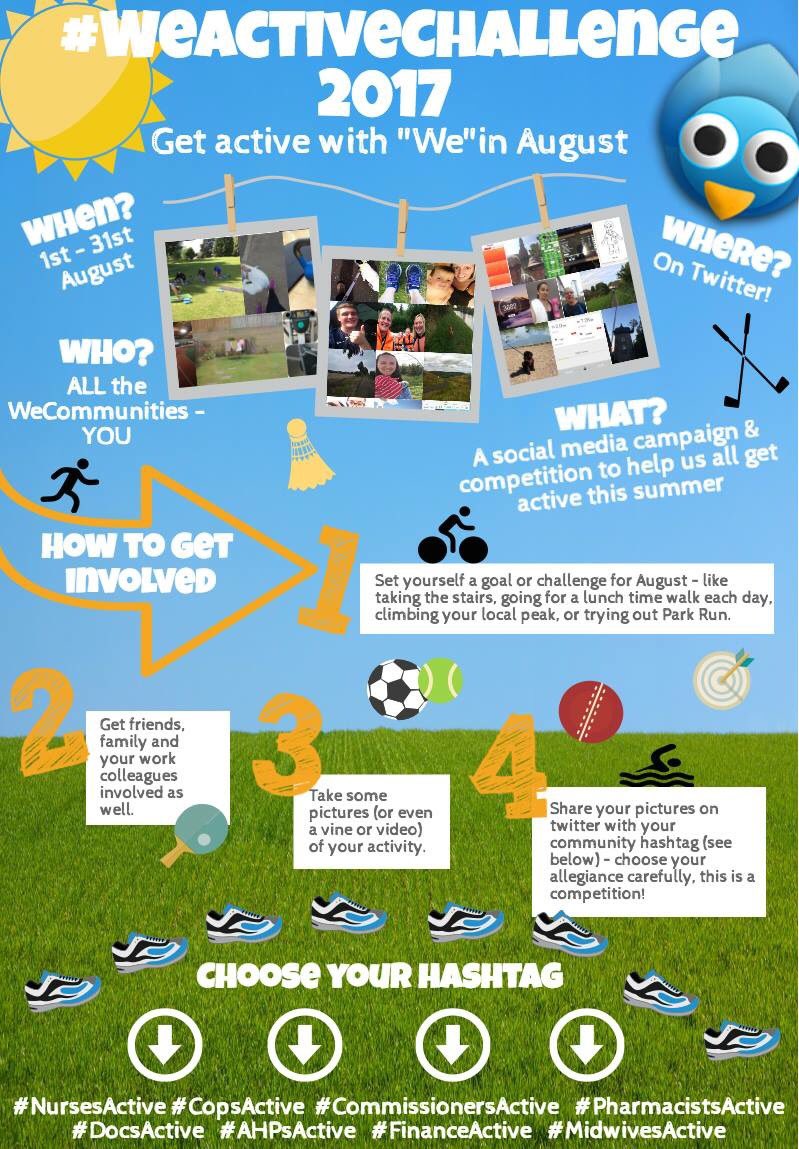 WeAHPs's tweet photo. Want to know how to take part in #WeActiveChallenge in Aug?

Be active

Take a selfie

Post using #AHPsActive

Join the virtual community! https://t.co/OD9h1tdbAm