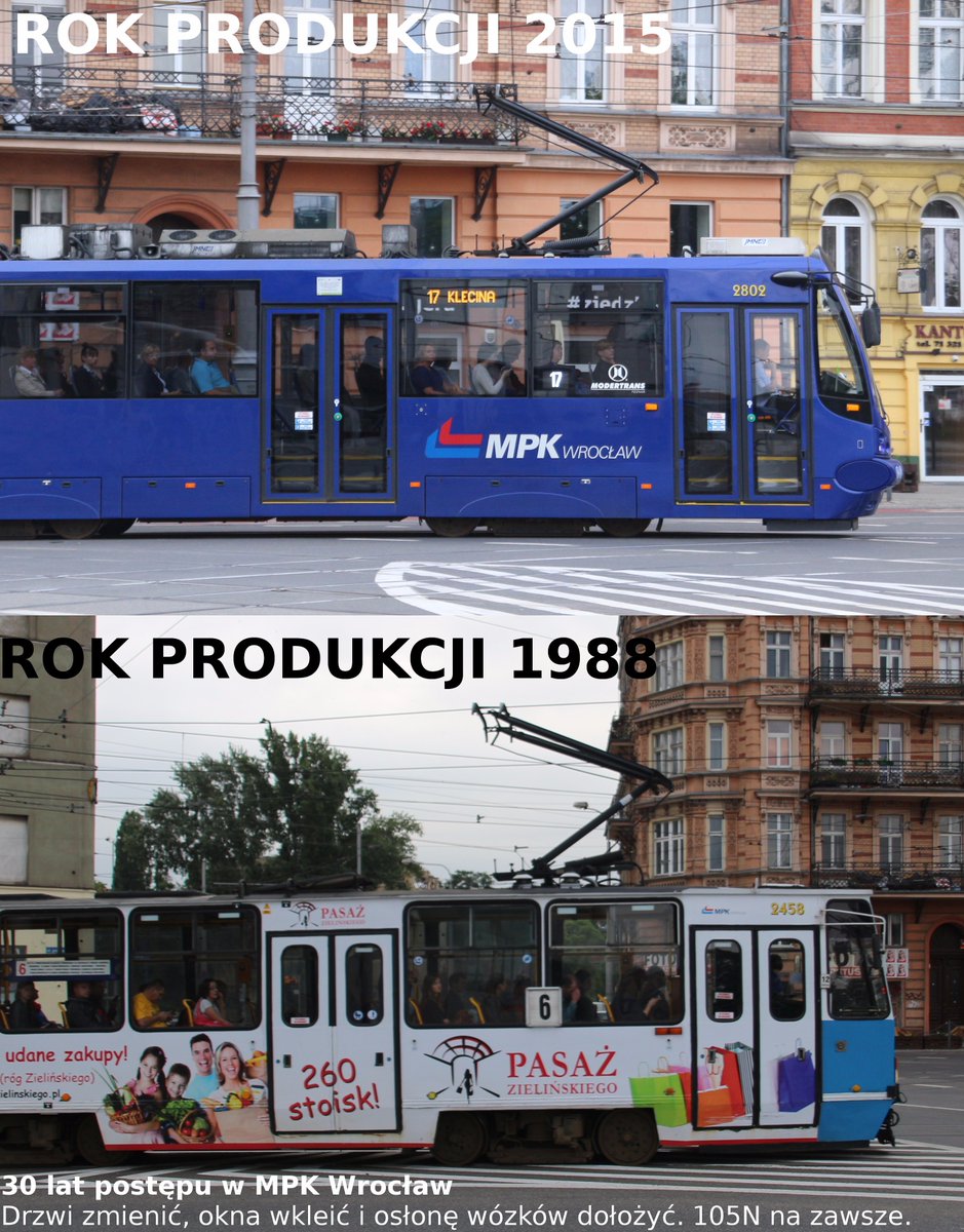 decomposed06's tweet photo. 30 lat postępu w komunikacji tramwajowej @AlertMPK. #105Na forever! https://t.co/0pMpuuudpF