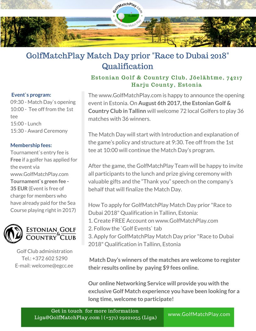 GolfMatchPlay's tweet photo. ⛳August 6th 2017, the Estonian Golf &amp; Country Club in Tallinn will welcome 72 local Golfers to play 36 matches with 36 winners. #Estonia https://t.co/HbrIU0nj3p