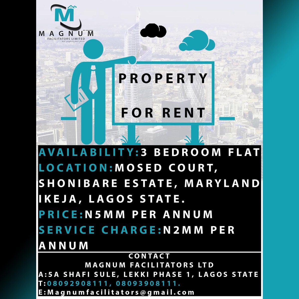 Magnumfa's tweet image. For Rent
Availability: 3 Bedroom Flat
Location: Mosed Court, shonibare estate. Ikeja. 
Price: N5MM per annum
Service charge:N2 MM per annum.