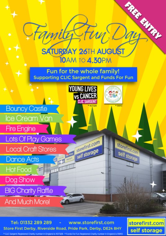Storefirst_UK's tweet photo. Family fun day coming up at @StorageDerby in aid of @CLICSargentFund &amp; #FundsForFun with our lovely customers @BritishGas @accservicesderb! https://t.co/X2EdyR2BbV