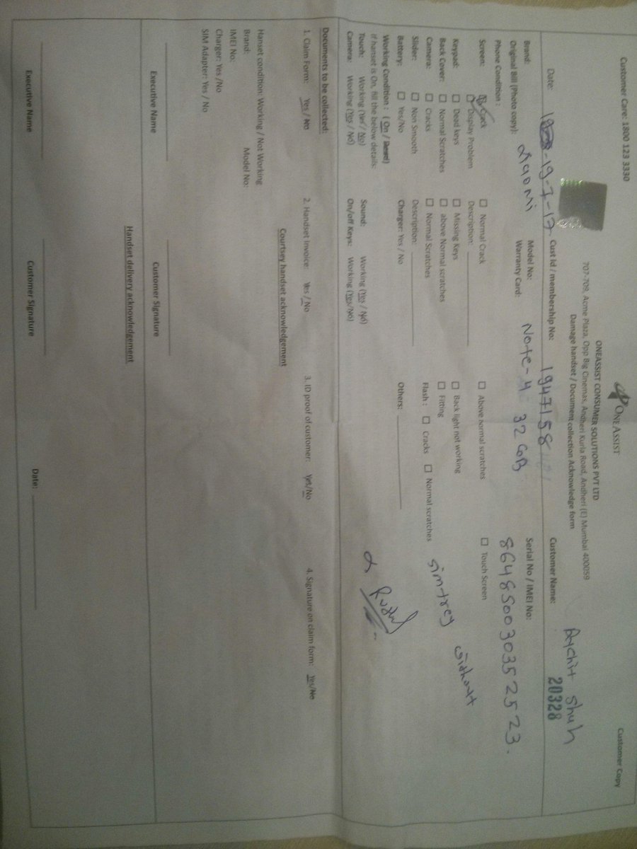 RuchitShah5's tweet photo. The receipt of the personal analyzed the phone stated only screen is damaged. Cost of screen is Rs 11030#fraud #oneassist @oneassist_in https://t.co/KhG53ByPbX