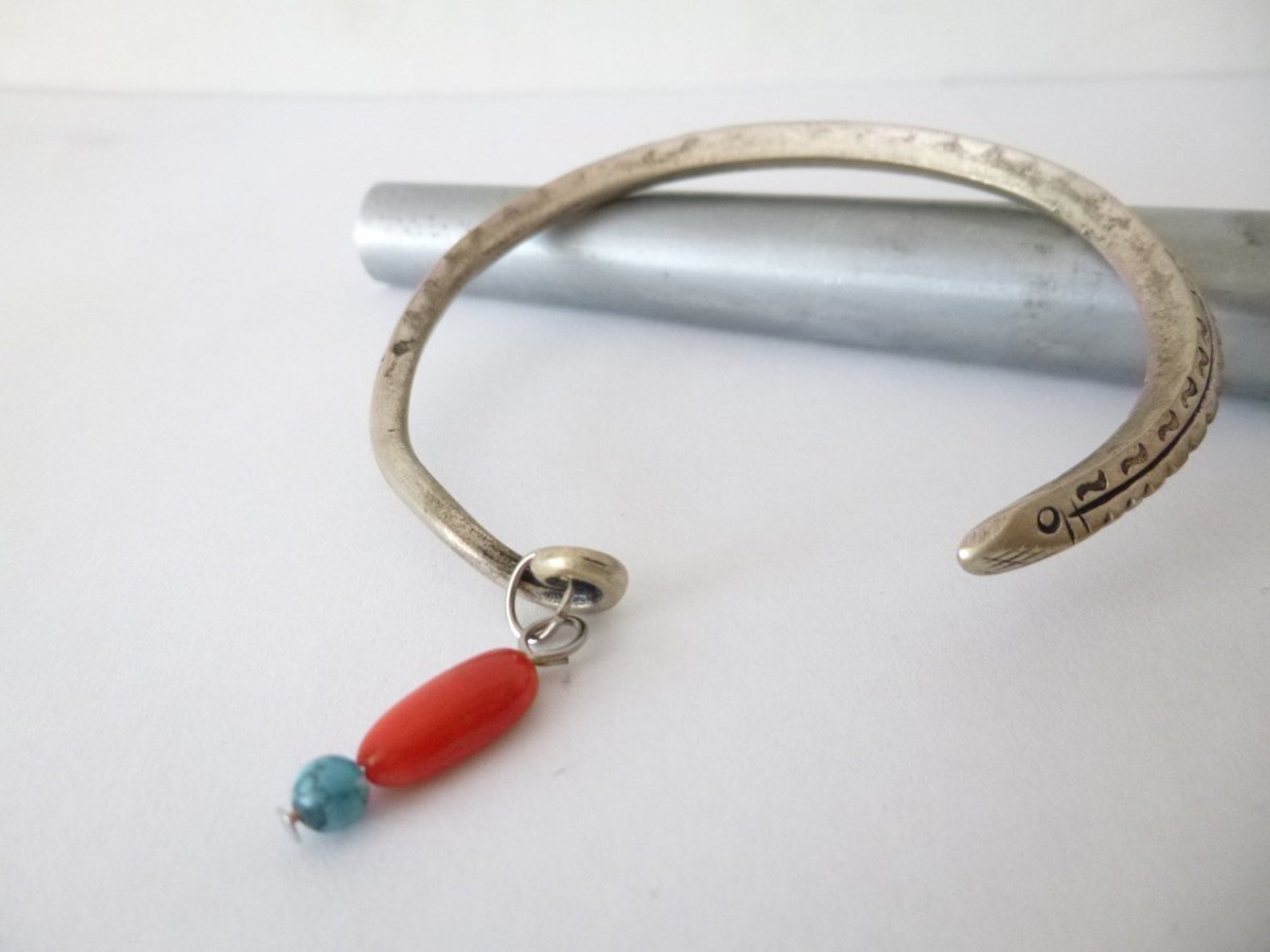 Tribe silver plated bangle with coral bead handmade tuppu.net/43733f77 #Two #Bangle