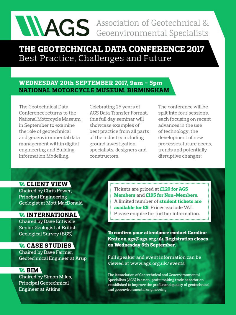 agsgeotech's tweet photo. The AGS Geotechnical Data Conference is taking place @TheNMMUK on 20th Sept 2017. Book your place here https://t.co/eDjntc1yJt https://t.co/7XSNkTZFy2