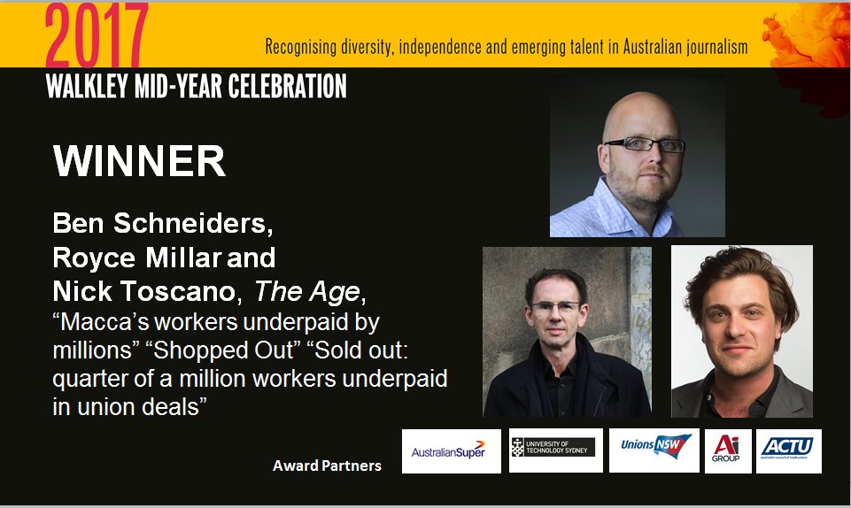 walkleys's tweet image. The winners of the 2017 Industrial Relations Reporting Award are @benschneiders Royce Millar @MillarRoyce &amp;amp; @NickToscano1, @TheAge #Walkleys