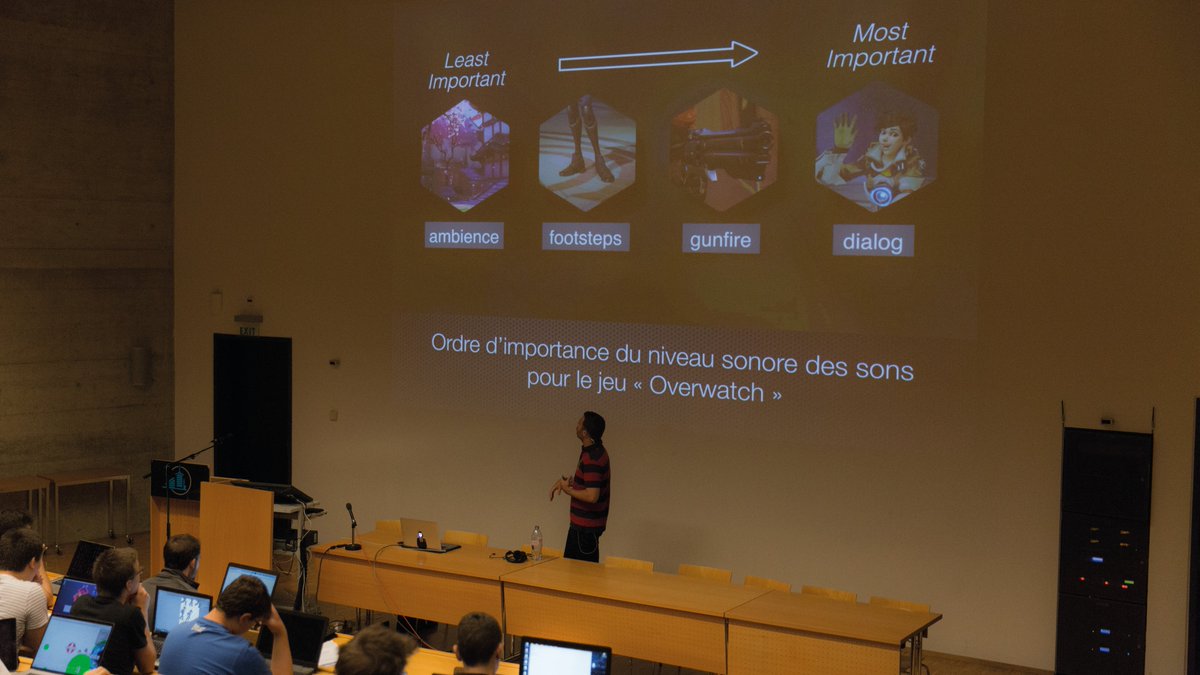 Swissgamecenter's tweet photo. Great talk on the analysis of #sounddesign in games and many fun facts with @julien_matthey #swissgames #sga17 https://t.co/QsTt0Oq8gF