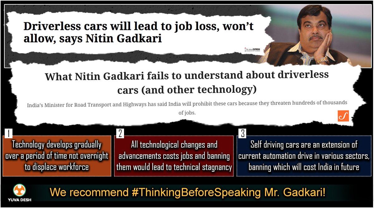 yuvadesh's tweet photo. Why banning driverless car is faulty! Read here- https://t.co/KUdpHC2XE4 
Mr. @nitin_gadkari we recommend #ThinkingBeforeSpeaking https://t.co/fPF328YtO3