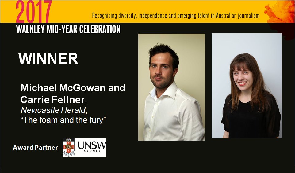 walkleys's tweet image. The winners of the Community/Regional Affairs Coverage Award are Michael McGowan @mmcgowan569 and @carriefellner, Newcastle Herald #Walkleys