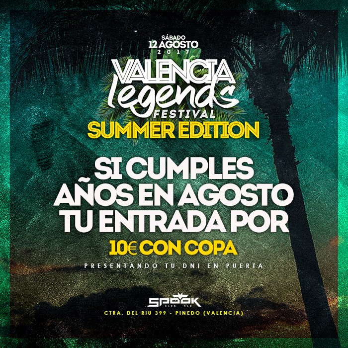 SpookClubVcia's tweet photo. Si cumples años en agosto, tu entrada 10€ con copa, presentando tu DNI en puerta 🎂🎉🎁
Valencia Legends #festival 
12/8 #Spookclub #Valencia https://t.co/uxoJ3JBP9E