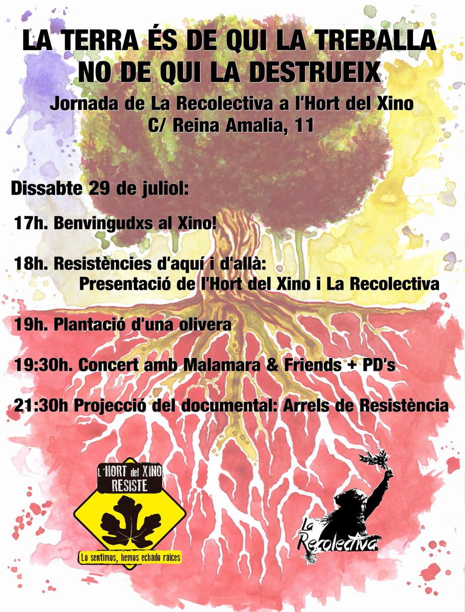 larecolectiva's tweet photo. Resistències d'aquí i d'allà @hortdelxino + @larecolectiva dissabte 29/08 concert #Malamara &amp; Friends + PD's + documental #Palestina https://t.co/LtYYSqH55h