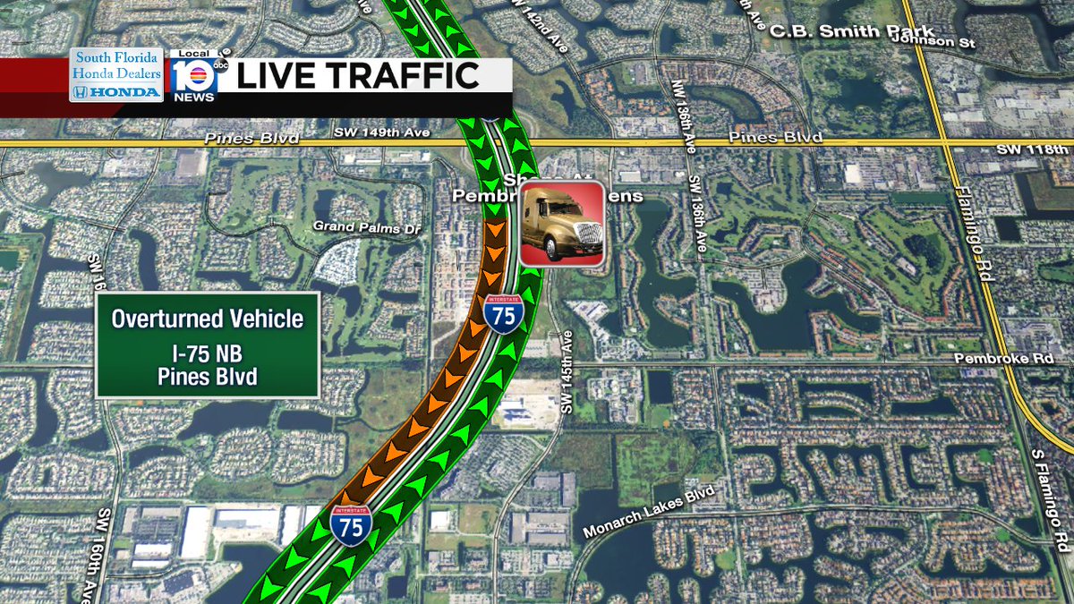 Overturned Tractor-Trailer on I-75 NB at Pines Blvd #traffic https://t.co/NjGw2X08XA