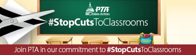 VirginiaPTA's tweet photo. Join @NationalPTA &amp; @VirginiaPTA for #STOPCutsToClassrooms Twitter chat Fri 7/28, 3pm - 4pm, ET as part of Funding Fridays. Invest in ED! https://t.co/61kOhDsKPO