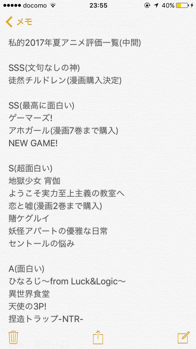 しょこら 私的17年夏アニメ評価一覧 中間 を作成して見た 徒然チルドレンはとりあえず殿堂入りとして それ以外はこんな風になってる 未視聴がわりと多いから早めに放送話に追いつかないとな てーきゅうとシンフォギアは除く